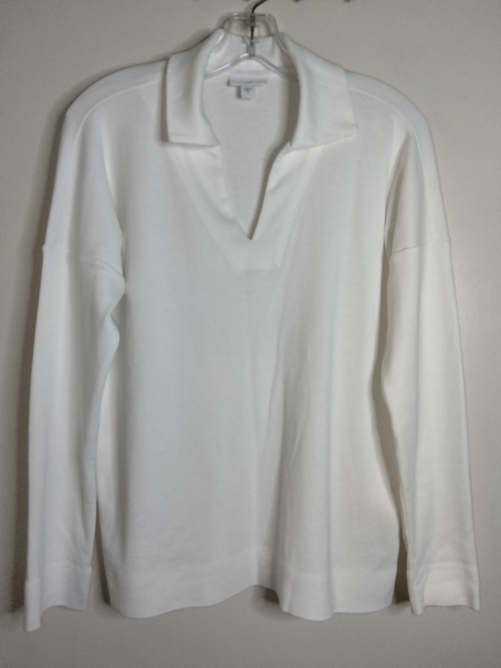 J. Jill (Sz S) White Cotton Boxy Oversized V-Neck LS Popover Johnny Collard Top